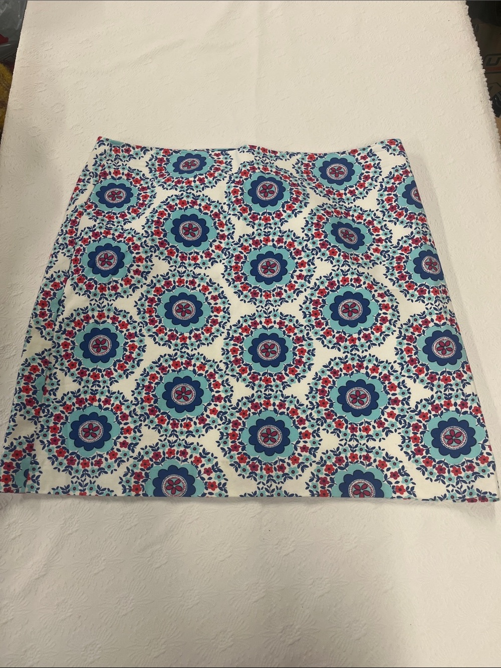 Talbots White Mini Skirt with Blue & Pink Medallion Print